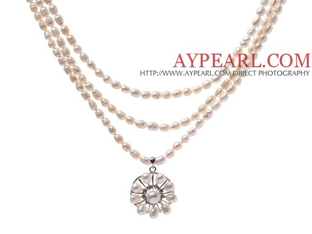 Elegant Three Strands 5-6mm Natural White Freshwater Pearl Beaded Necklace With Lovely Pearl Flower Pendant