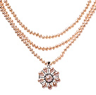 Elegant Three Strands 4-5mm Natural Pink Freshwater Pearl Beaded Necklace With Lovely Pearl Flower Pendant