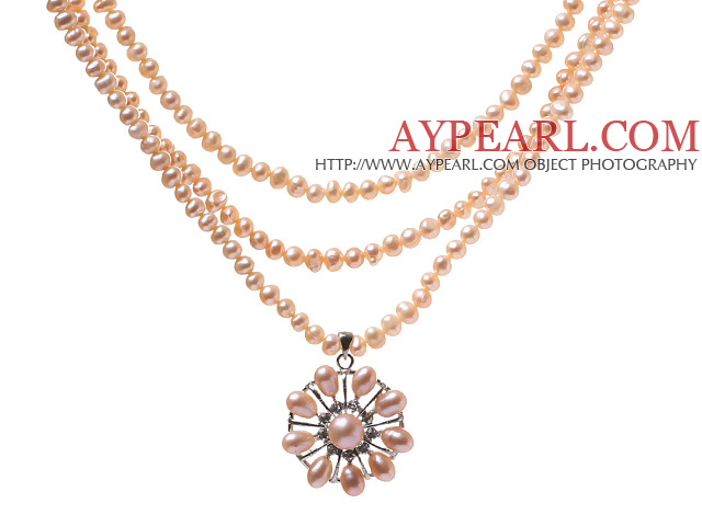 Elegant Three Strands 4-5mm Natural Pink Freshwater Pearl Beaded Necklace With Lovely Pearl Flower Pendant