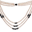 Classic Three Strands 5-6mm Natural White Freshwater Pearl And Tungsten Steel Stone Necklace