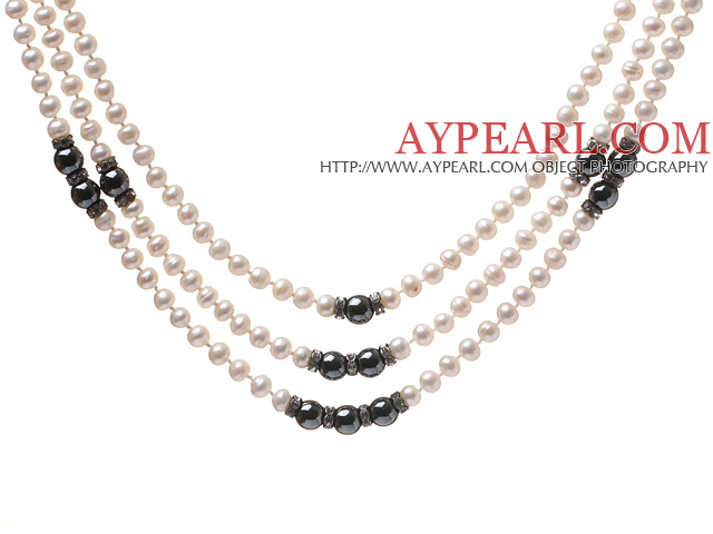 Classic Three Strands 5-6mm Natural White Freshwater Pearl And Tungsten Steel Stone Necklace