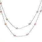 Fin lang stil 6 - 7mm Natural White Ferskvann Pearl Necklace Med Silver Color Chains