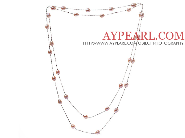 Trevlig Lång Style 6 - 7mm Naturliga rosa sötvattenspärla halsband med silverfärg kedjor