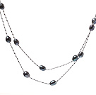 Nice Long Style 6-7mm Natural Black Freshwater Pearl Necklace With Silver Color Chains
