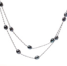 Fin lang stil 6 - 7mm Natural Svart Freshwater Pearl Necklace Med Silver Color Chains