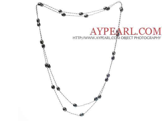 Trevlig Lång Style 6 - 7mm naturligt svart sötvattenspärla halsband med silverfärg kedjor