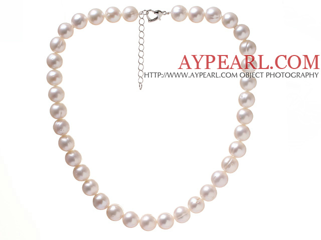 Fashion Single Strand 11-12mm Natural White Freshwater Pearl Beaded Necklace With Heart Clasp (No Box)