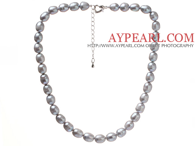 Fashion Single Strand 8-9mm Natural Gray Freshwater Pearl Beaded Necklace With Heart Clasp (No Box)