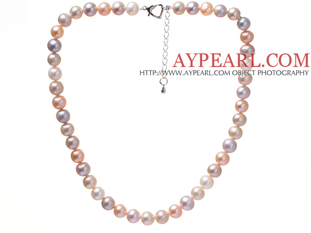 Fashion A Grade 9-9.5mm Natural Multi Color Freshwater Pearl Beaded Necklace With Heart Clasp (No Box)