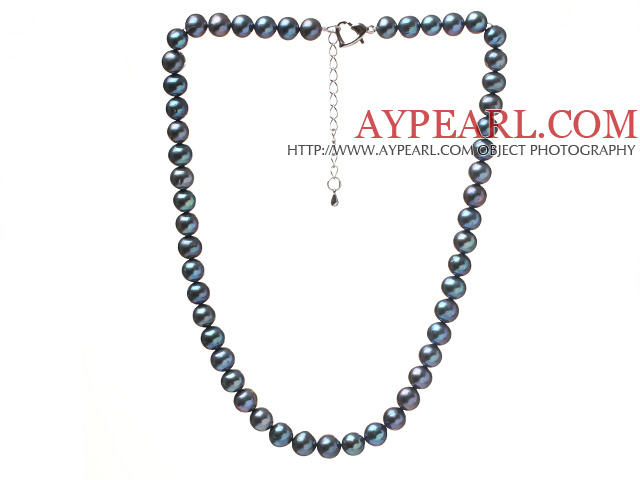 Fashion Single Strand 7-8mm Natural Black Freshwater Pearl Beaded Necklace With Heart Clasp (No Box)