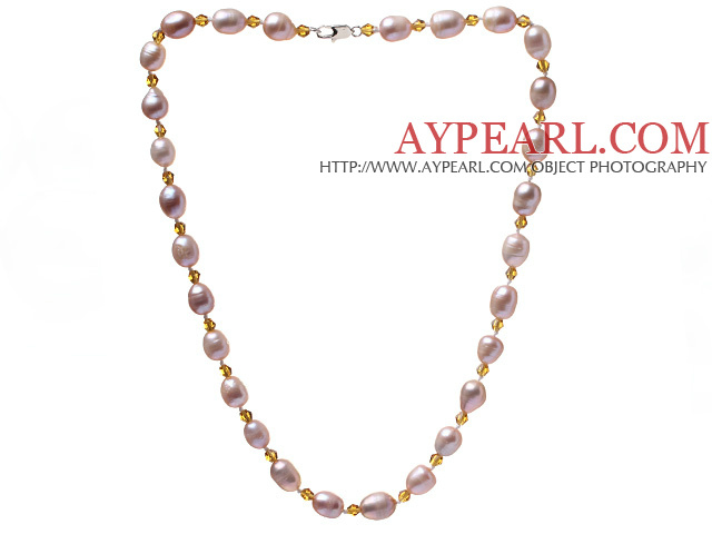 Fashion Single Strand 8-9mm Natural Pink Freshwater Pearl And Yellow Crystal Beaded Necklace (No Box)