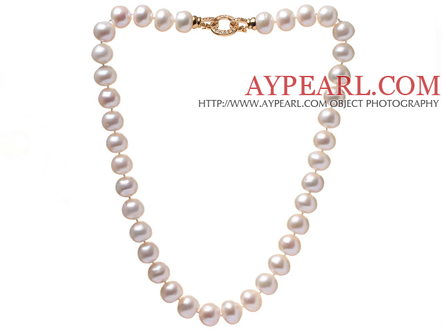 Fashion Single Strand 12-15mm Natural White Freshwater Pearl Beaded Necklace With Golden Rhinestone Clasp (No Box)