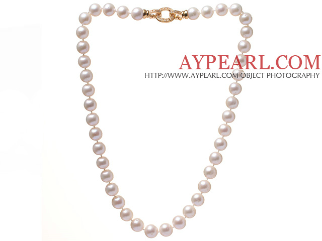 Mote A Grade 9.5 - 10mm Natural White Ferskvann Pearl Beaded halskjede med Golden Rhinestone Clasp ( No Box)