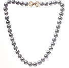 Fashion A Grade 10-10.5mm Natural Gray Freshwater Pearl Beaded Necklace With Golden Rhinestone Clasp (No Box)