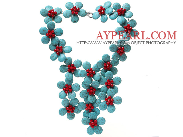 Classic New Design Fan Shape Blue Turquoise And Round Red Coral Flower Pendant Party Necklace