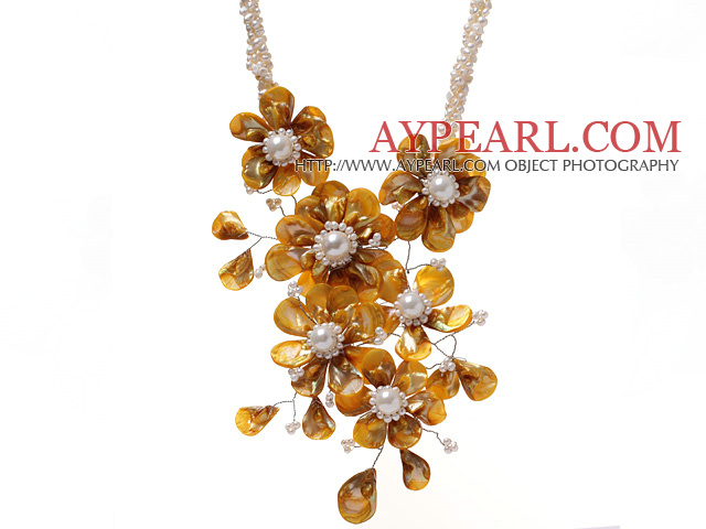 Fashion Twisted White Pearl Strands And Layer Yellow Shell Flower Pendant Party Necklace