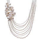 Fashion Multi Strands Natural White Freshwater Pearl Shell Flower And Crystal Beads Party Bridal Necklace