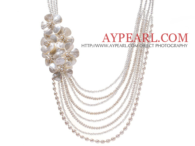 Fashion Multi Strands Natural White Freshwater Pearl Shell Flower And Crystal Beads Party Bridal Necklace