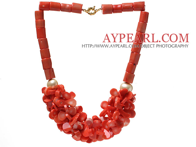 Fashion Cylinder And Multi Orange Coral Flower Cluster Strand Party Necklace With Golden Moonight Clasp