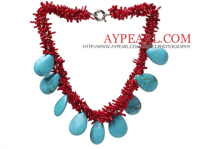 Fashion Cluster Red Coral Branch And Teardrop Blue Turquoise Necklace With Moonight Clasp