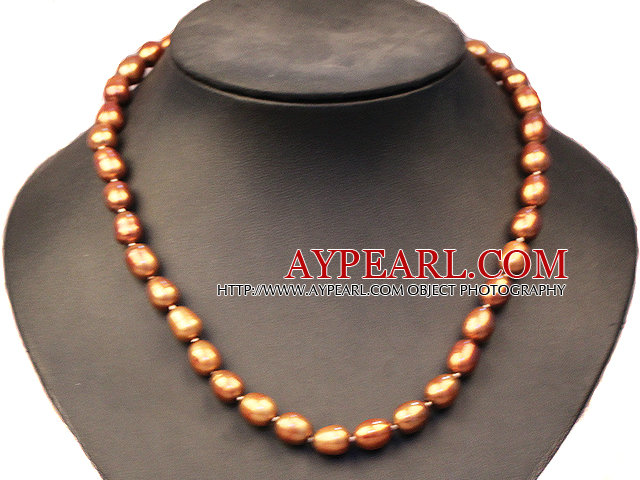 Single Strand Elegant 8-9mm Natural Brown Rice Pearl Party / Wedding Necklace