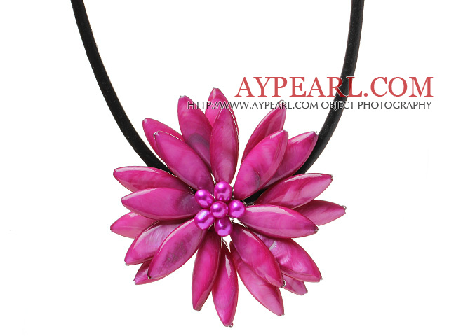 Classic Natural Rose Series Freshwater Pearl Shell Flower Party Necklace With Black Leather