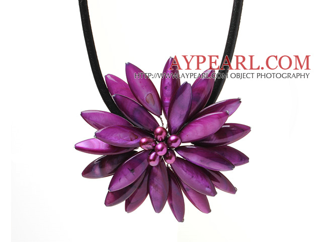 Classic Natural Purple Series Freshwater Pearl Shell Flower Party Necklace With Black Leather