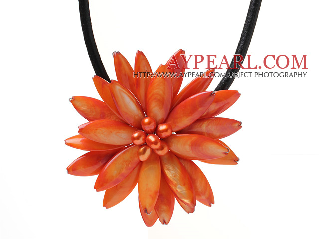 Classic Natural Orange Series Freshwater Pearl Shell Flower Party Necklace With Black Leather