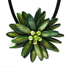 Classic Natural Green Series Freshwater Pearl Shell Flower Party Necklace With Black Leather