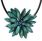 Classic Natural Bluish Green Series Freshwater Pearl Shell Flower Party Necklace With Black Leather