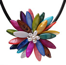 Classic Natural White Freshwater Pearl And Multi Colorful Shell Flower Party Necklace With Black Leather