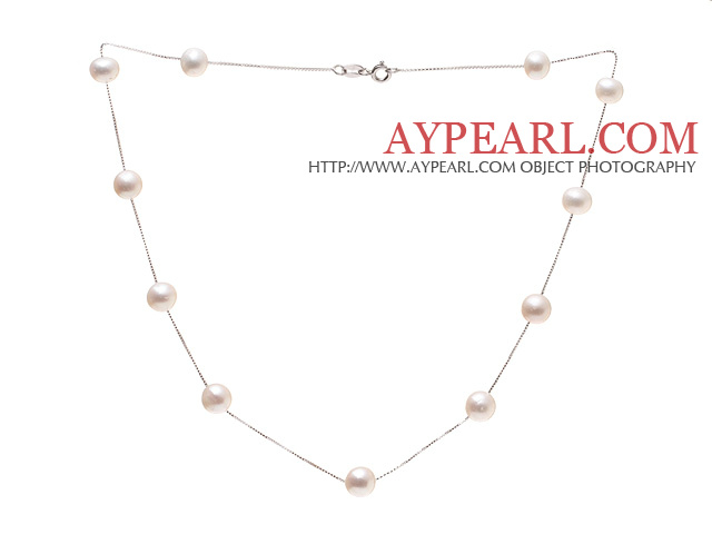 High Quality Single Strand 8-9mm Natural White Freshwater Pearl Necklace With 925 Sterling Silver Chains (No Box)