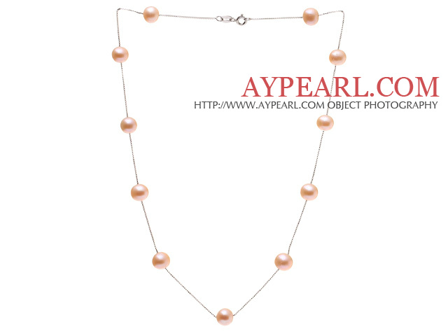 High Quality Single Strand 8-9mm Natural Pink Freshwater Pearl Necklace With 925 Sterling Silver Chains (No Box)