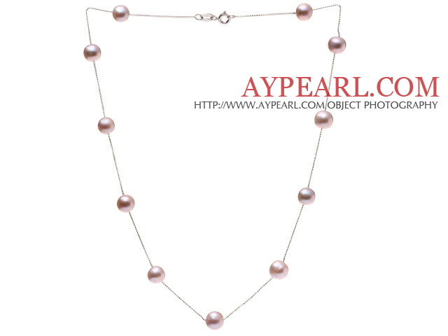 High Quality Single Strand 8-9mm Natural Purple Freshwater Pearl Necklace With 925 Sterling Silver Chains (No Box)