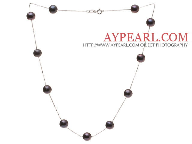 High Quality Single Strand 8-9mm Natural Black Freshwater Pearl Necklace With 925 Sterling Silver Chains (No Box)