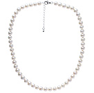 Fashion A Grade 7.5-8mm Natural White Freshwater Pearl Beaded Necklace With Sterling Silver Lobster Clasp (No Box)