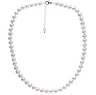 Mote A Grade 7,5 - 8mm Natural White Ferskvann Pearl Beaded kjede med Sterling Silver hummer låsen ( No Box )