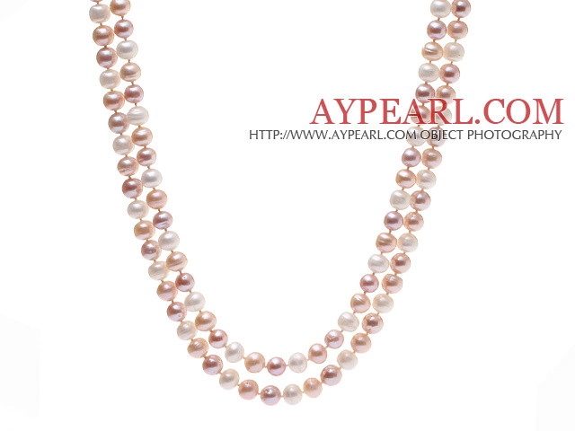 Elegante Lang Design 8 - 9mm natürliche Weiß Rosa und lila Perlen Halskette Süßwasser-Zuchtperlen