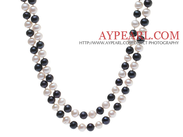 Elegant Long Design 8-9mm Natural Black And White Freshwater Pearl Beaded Necklace
