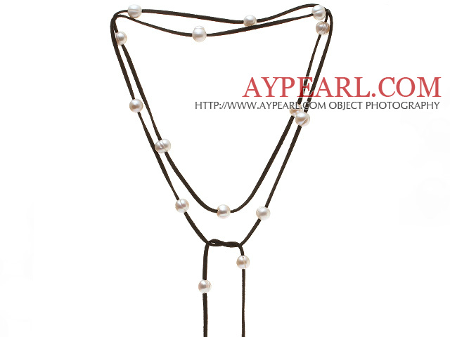 Mode Multi-Funktions- lange Art- 10 -11mm Weiß Süßwasser Perlenkette mit schwarzem weichem Leder