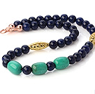 Pretty Round Lapis And Green Turquoise Beaded Necklace With Hollow Gold Plated Ball