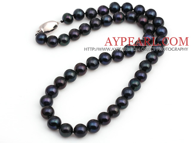 Fashion Single Strand A Grade 9-10mm Black Freshwater Pearl Beaded Necklace With Nickel Free Clasp