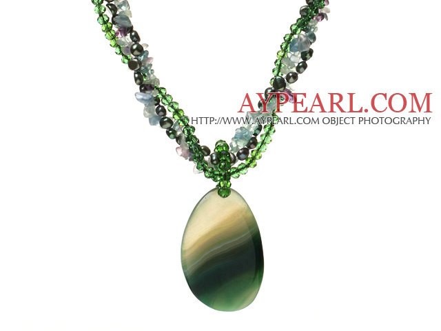 Nice Multi-Strand Twisted Green Series Pearl Crystal Rainbow Fluorite Necklace With Large Agate Pendant