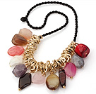 Fashion Multi Colorful Gemstone And Golden Metal Loop Charms Pendant Necklace With Black Cords (Ramdom Colors On Stones)