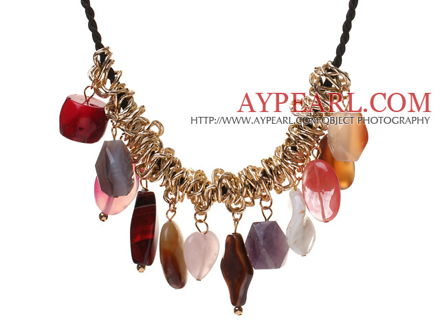 Fashion Multi Colorful Gemstone And Golden Metal Loop Charms Pendant Necklace With Black Cords (Ramdom Colors On Stones)