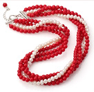 Wholesale Fashion 4/Four Strands Round Red Coral And White Freshwater Pearl Beaded Necklace