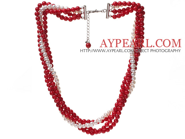 Fashion 4/Four Strands Round Red Coral And White Freshwater Pearl Beaded Necklace