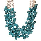 Mode 4/Four brins blanc perle d'eau douce et Multi Blue Turquoise collier de fleur de câble
