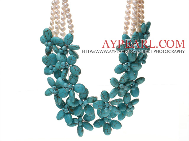 Fashion 4/Four Strands White Freshwater Pearl And Multi Blue Turquoise Wired Flower Necklace