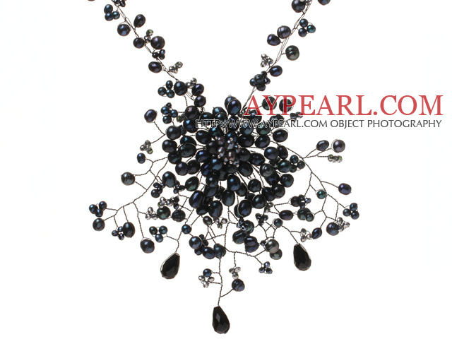 Lovely Wired Crochet Black Series Freshwater Pearl Crystal Flower Pendant Necklace